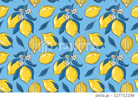 Seamless pattern of whole and slice lemon with leaves and white flower on a blue background in flat style. Perfect for summer citrus design, food packaging, kitchen textile and fresh theme. 127712286
