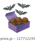 Watercolor Halloween Chocolate Truffle Box with Flying Bats, Cute Spooky Dessert Clipart Illustration 127712295