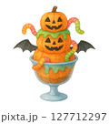 Watercolor Halloween Pumpkin Sundae with Gummy Worms, Bat Wings and Green Drip, Cute Spooky Clipart 127712297