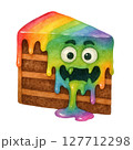 Watercolor Rainbow Cake Slice with Cute Monster Face and Dripping Icing, Funny Halloween Clipart 127712298