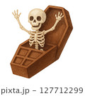 Watercolor Halloween Chocolate Coffin with Cute Skeleton Inside, Spooky Sweet Clipart for Festive Designs 127712299