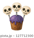 Watercolor Halloween Cupcake with Purple Frosting and Three Skull Cake Pops, Spooky Cute Clipart 127712300