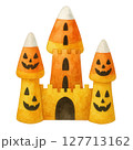 Watercolor Halloween Castle Made of Candy Corn with Jack-o'-Lantern Faces, Cute Spooky Halloween Clipart 127713162