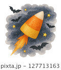 Watercolor Candy Corn Rocket Flying Through Stars and Bats, Cute Halloween Clipart Illustration 127713163