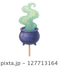 Watercolor Halloween Cauldron Potion on Stick with Green Magical Smoke, Spooky Cute Clipart Illustration 127713164