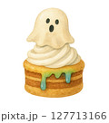 Watercolor Halloween Mini Cake with Ghost Topping and Green Drip, Cute Spooky Dessert Clipart 127713166