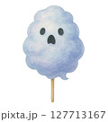 Watercolor Halloween Cotton Candy with Cute Ghost Face, Spooky Sweet Dessert Clipart for Party Designs 127713167