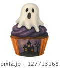 Watercolor Halloween Cupcake with Ghost Topping and Haunted House Wrapper, Spooky Cute Dessert Clipart 127713168