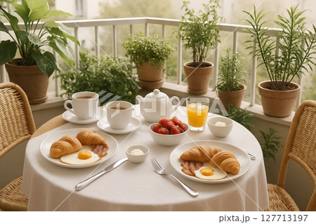 Breakfast on balcony with croissants, coffee, and fresh fruits in a simple comfortable setting. concept of outdoor dining, cozy morning meal, relaxation. 127713197