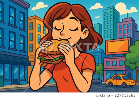Illustration of young woman enjoying a sandwich in a vibrant city street scene. concept of urban lifestyle, delicious snack, happiness in everyday life 127713263