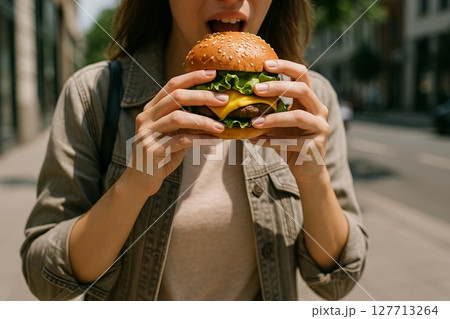 Woman enjoying delicious burger in sunny urban setting on a relaxed summer day. concept of gastronomy, urban lifestyle, fast food enjoyment, street casual dining Woman enjoying delicious burger in sunny urban setting on a relaxed summer day. concept of gastronomy, urban lifestyle, fast food enjoyment, street casual dining 127713264