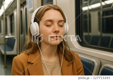Young woman listening to music on headphones during subway commute. concept of relaxation, urban life, personal escape Young woman listening to music on headphones during subway commute. concept of relaxation, urban life, personal escape 127713265