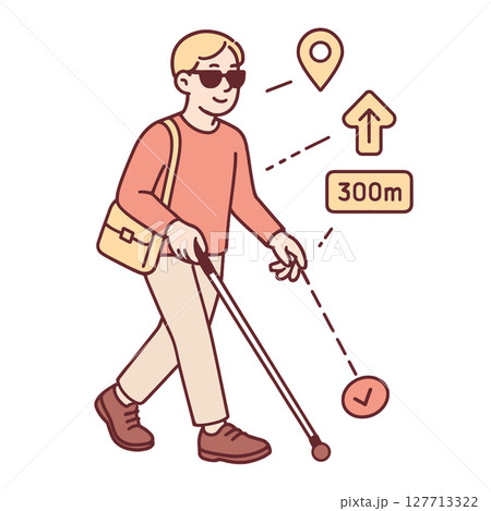Person using cane navigates with confidence, aided by visual cues and technology 127713322