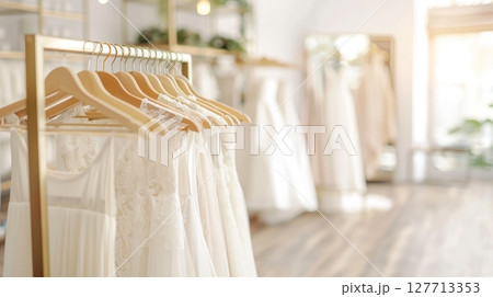 Elegant bridal salon interior with row of white wedding dresses on wooden hangers in modern boutique. concept of bridal fashion, wedding gowns, luxurious shopping experience 127713353