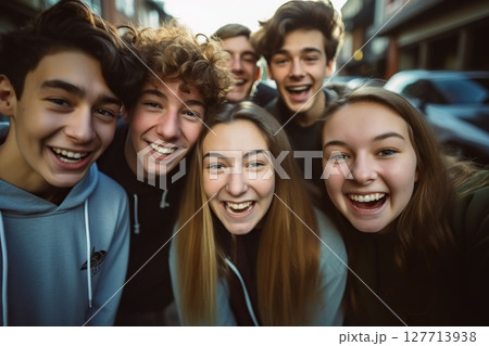 Global Bonds Cheerful Teenage Friends Capture Happy Memories, Taking Selfies While Exploring the City, Embracing Friendship and Cross-Cultural Communication. created with Generative AI 127713938
