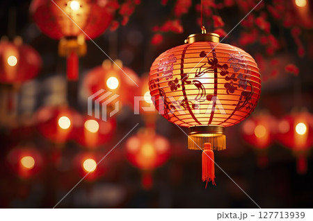 Radiant Reverie Red Lantern Illuminates the Night, Creating a Captivating Chinese New Year Festival Background Perfect for Heartfelt Greeting Cards. created with Generative AI 127713939