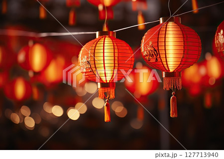 Radiant Reverie Red Lantern Illuminates the Night, Creating a Captivating Chinese New Year Festival Background Perfect for Heartfelt Greeting Cards. created with Generative AI 127713940