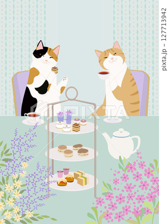 高級ホテルでアフタヌーンティーを楽しむ猫 127713942