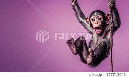 Silly monkey swinging funny face against a purple-pink gradient  127713943