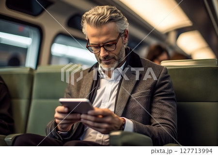 On-the-Go Connectivity Businessman Seamlessly Navigates Work on Smartphone While Travelling by Train, Illustrating Modern Professionalism in Mobile Commuting. created with Generative AI On-the-Go Connectivity Businessman Seamlessly Navigates Work on Smartphone While Travelling by Train, Illustrating Modern Professionalism in Mobile Commuting. created with Generative AI 127713994
