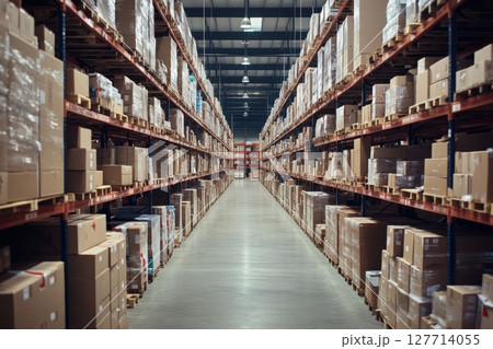 Wide aisle in a large warehouse filled with rows of stacked boxes and packages ready for distribution in the afternoon light 127714055
