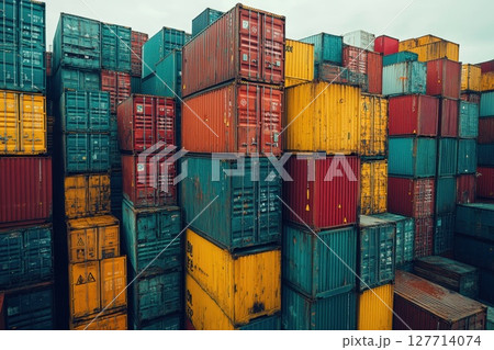 Colorful cargo containers stacked in a busy shipping yard during an overcast day with a focus on logistics and transportation Colorful cargo containers stacked in a busy shipping yard during an overcast day with a focus on logistics and transportation 127714074
