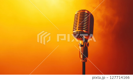Vintage microphone stands against a vibrant golden background during a live performance setting, capturing the energy and excitement of the moment with spotlight effects 127714166