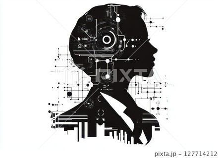 Silhouette of a person with integrated technology symbols highlighting the fusion of human potential and artificial intelligence, representing innovation in a digital age Silhouette of a person with integrated technology symbols highlighting the fusion of human potential and artificial intelligence, representing innovation in a digital age 127714212