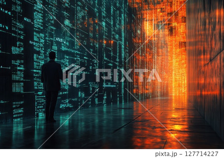 Digital landscape exploring technological innovation and data visualization in an immersive environment during nighttime 127714227