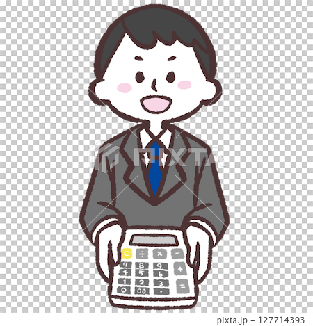 Illustration of a man smiling and showing a calculator Illustration of a man smiling and showing a calculator 127714393