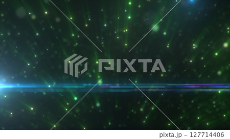 Futuristic composition of green light particles with blue highlights and cosmic motion streaks Futuristic composition of green light particles with blue highlights and cosmic motion streaks 127714406