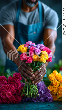 A man holding a bunch of colorful roses in his hands 127714488