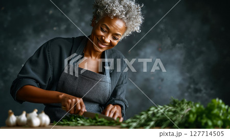 A woman in an apron cutting up herbs on a cutting board 127714505