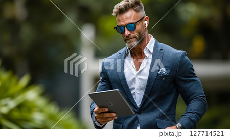 A man in a suit and sunglasses holding a tablet computer 127714521