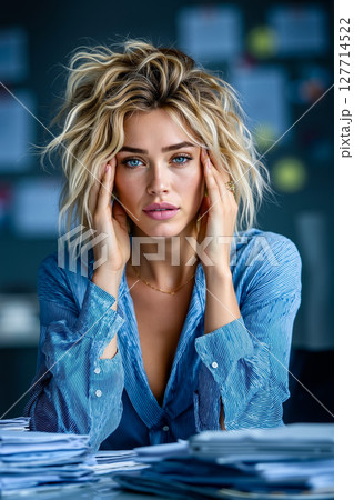 A woman sitting at a desk with her hands on her head 127714522