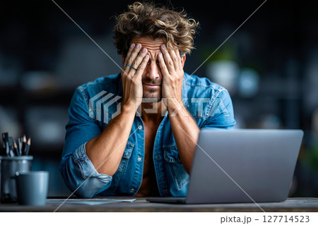 A man sitting at a desk with his head in his hands and a laptop 127714523