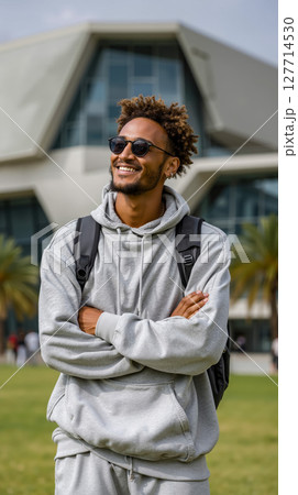 A man in a gray hoodie and sunglasses standing in front of a building 127714530