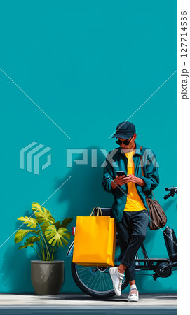 A man sitting on a bike looking at his phone while holding a shopping bag 127714536