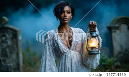 A woman in a white dress holding a lantern in a...のイラスト素材 [127714580 ...