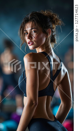 A woman in a black sports bra top and leggings in a gym A woman in a black sports bra top and leggings in a gym 127714623