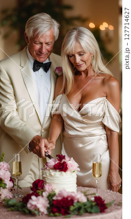 A man and woman cutting a wedding cake together 127714627