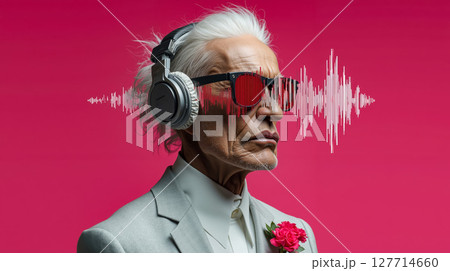 A man in a suit and sunglasses with headphones on 127714660