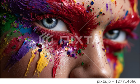 A close up of a woman's face covered in colorful paint 127714666