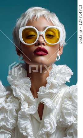 A woman with white hair wearing a white dress and yellow sunglasses A woman with white hair wearing a white dress and yellow sunglasses 127714713