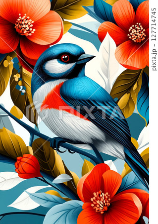 A blue bird sitting on a branch surrounded by red flowers 127714745