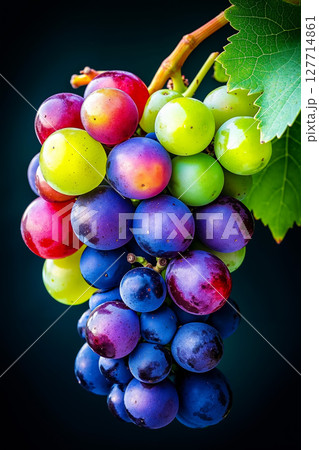 A bunch of colorful grapes hanging from a vine with leaves 127714861