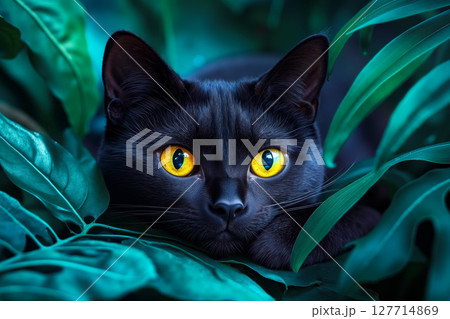 A black cat with yellow eyes peeking out from behind some green leaves 127714869