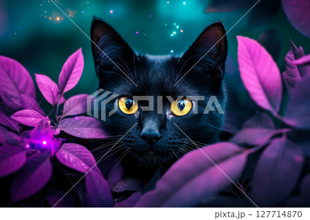 A black cat with yellow eyes peeking out from behind purple leaves 127714870