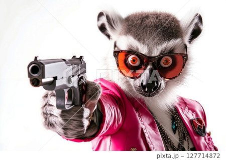 A lemur in a pink jacket holding a gun and wearing sunglasses 127714872