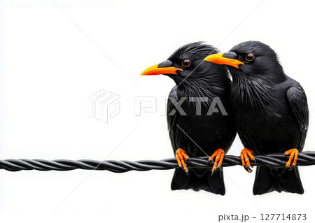 Two black birds sitting on a wire 127714873